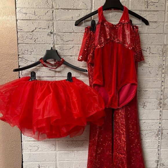 4 Piece Red Sequin Dance Costume Tulle Skirt, Pants, Skirt, Leotard,Sz. Large